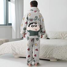 蜡笔小新珊瑚绒男款睡衣秋冬季学生大童青少年大码加绒加厚家居服