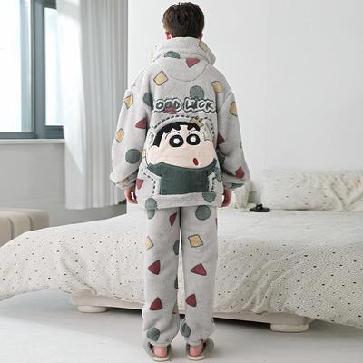 蜡笔小新珊瑚绒男款睡衣秋冬季学生大童青少年大码加绒加厚家居服