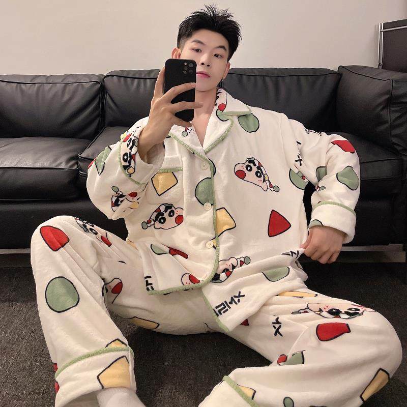 蜡笔小新睡衣男士秋冬季珊瑚绒加绒加厚冬天青少年保暖家居服套装