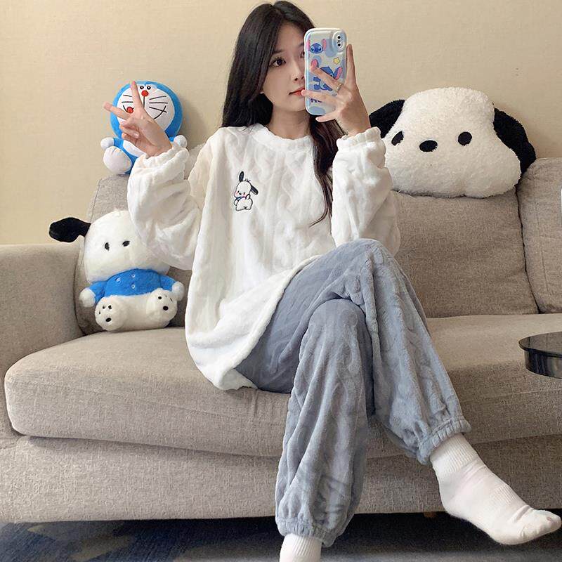睡衣女款春秋季2024新款长袖珊瑚绒加绒加厚套装冬天家居服可外穿