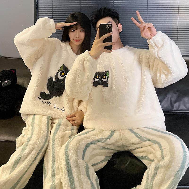 秋冬季情侣睡衣女款珊瑚绒法兰绒加绒加厚男士冬天保暖家居服套装