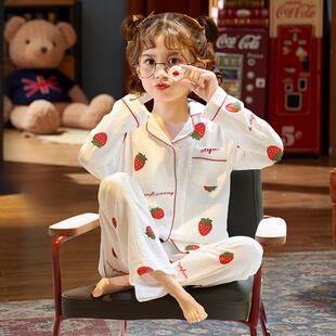 2023新款儿童睡衣女童春秋季款纯棉纱布薄款套装长袖女孩大童夏款