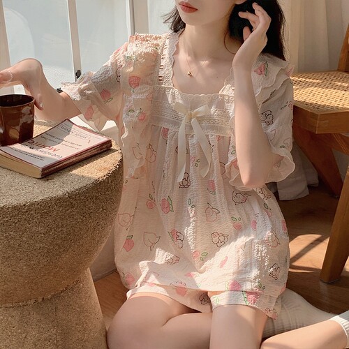 睡衣女夏天梭织棉短袖可爱公主风春秋款2023年新款家居服套装夏季