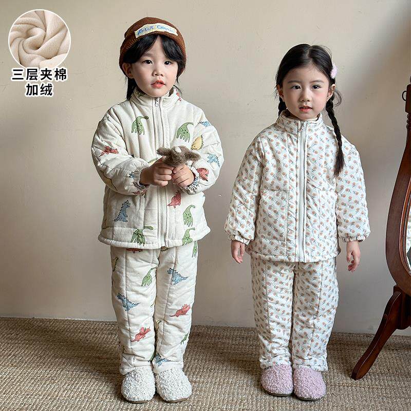 儿童睡衣冬季加厚款男童保暖宝宝加绒三层夹棉女童小孩家居服套装