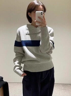 moondal拼色条纹斜扣高领针织毛衣25秋冬新款韩货定制