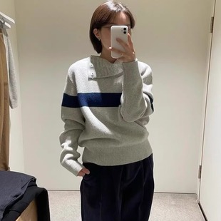 moondal拼色条纹斜扣高领针织毛衣25秋冬新款韩货定制