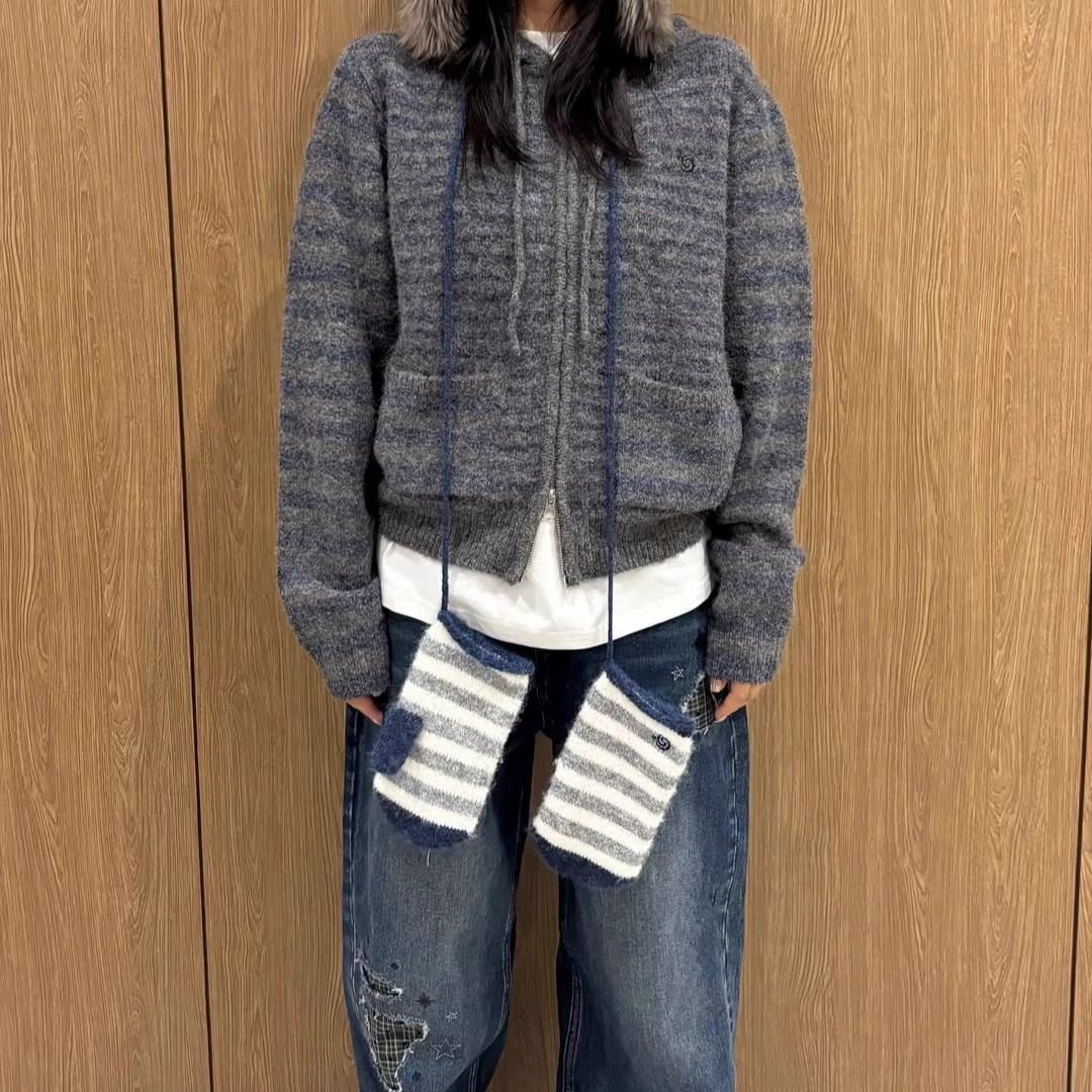 aeae休闲学院风拼色条纹连帽针织开衫25冬季新款韩货定制