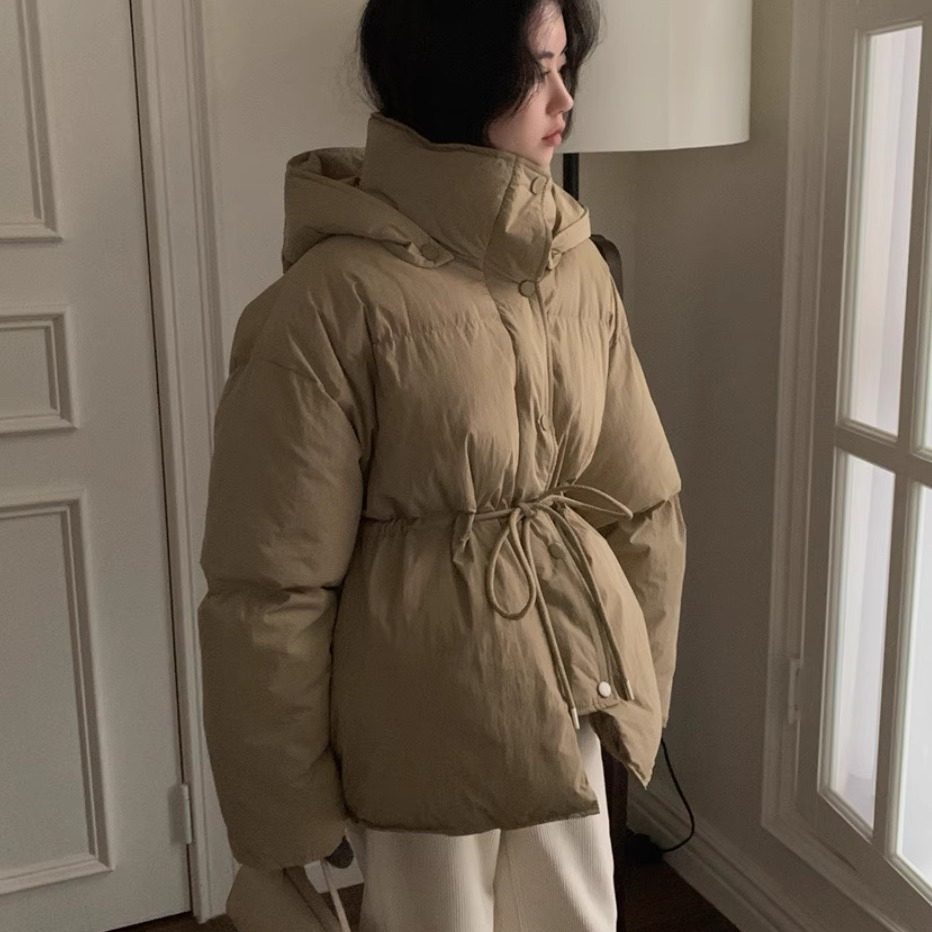 Art气质保暖抽绳收腰宽松连帽棉外套25冬季新款韩货定制