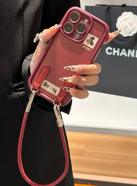 适用苹果16手机壳新款iphone16promax秋冬小羊皮15plus全包镜头14Pro手绳手链13pm红色不撞款12防摔11软壳lv