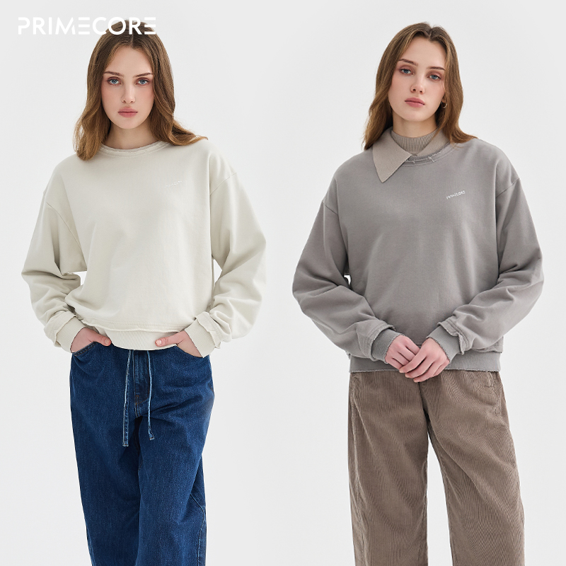 PRIMECORE秋冬休闲圆领卫衣miu系风做旧复古上衣