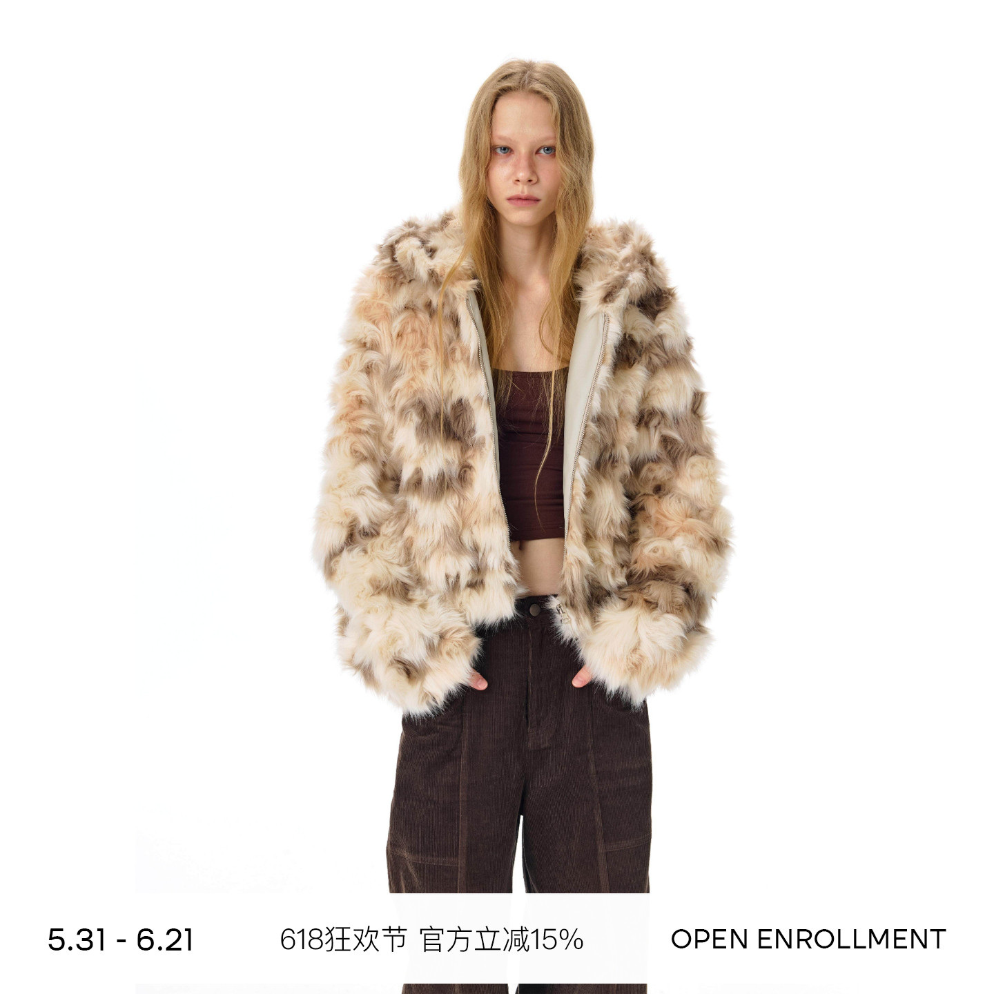 OPEN ENROLLMENT Ample Fur Coat 连帽花色环保皮草外套 棕色