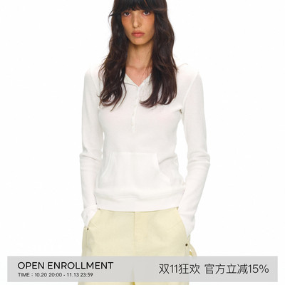 OPEN ENROLLMENT Gann Sleeve 连帽亨利领华夫格长袖打底衫 白/蓝