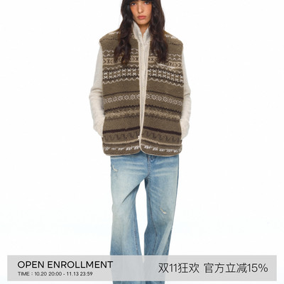 OPEN ENROLLMENT Rove Fur Vest 复古费尔岛格纹宽松颗粒夹棉马甲