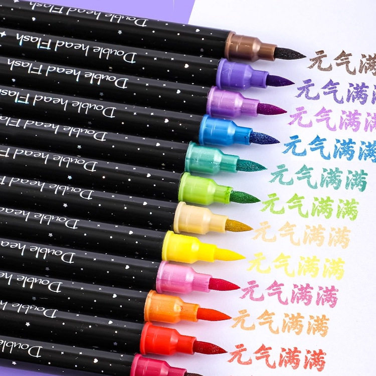 萤光笔啫喱笔双头双色儿童闪光彩色笔小学生专用软头画 画画 画麦克笔带闪粉彩色画 划重点记号笔手账标记笔