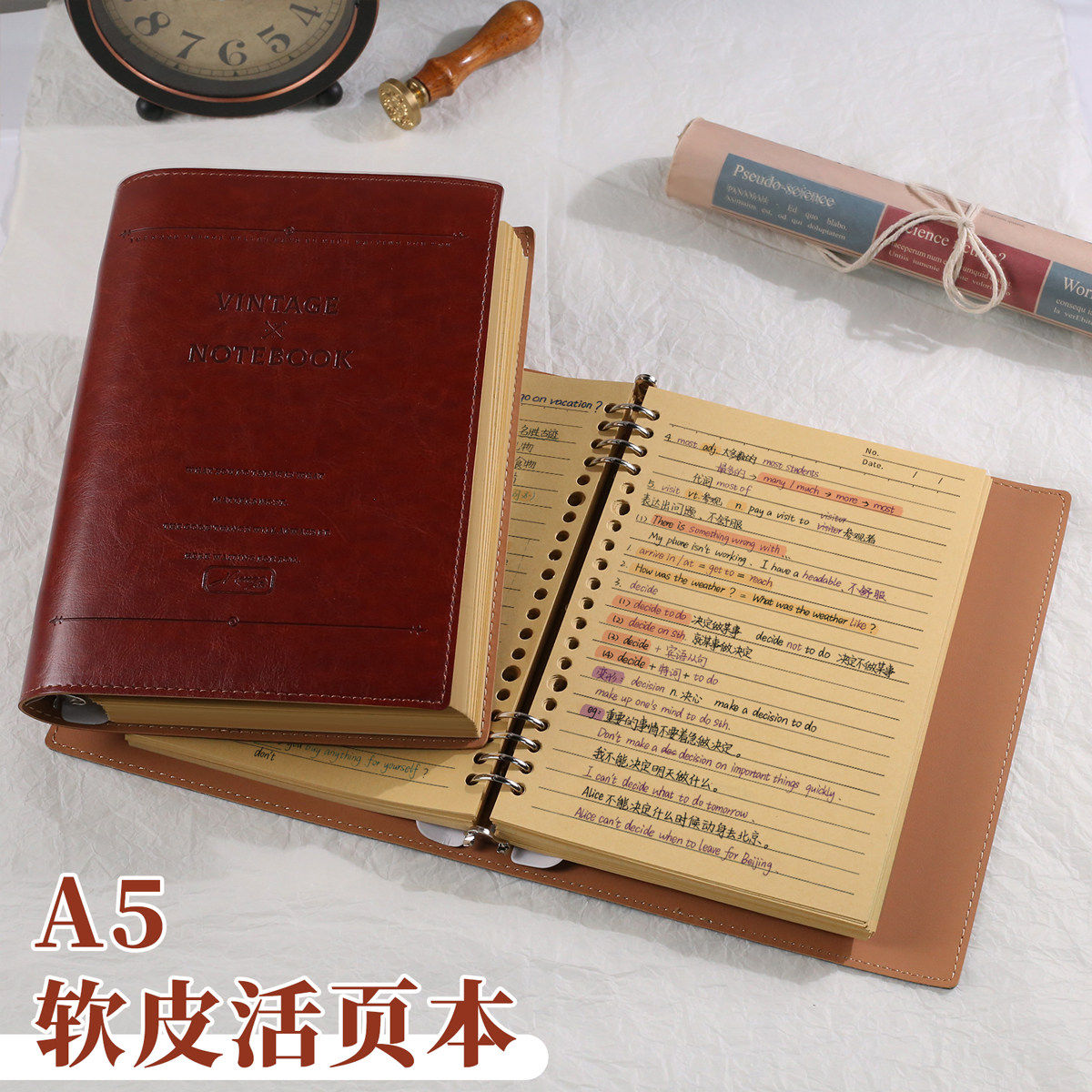 a5复古PU牛皮纸活页本可拆卸软皮笔记本本子学生日记本商务办公记