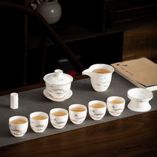 家用客厅轻奢高档陶瓷茶壶盖碗山水全套泡茶壶 羊脂玉功夫茶具套装