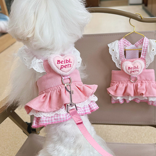 日本进口纯棉飞袖牛仔狗狗牵引绳带衣服宠物小狗裙子约克夏春秋款