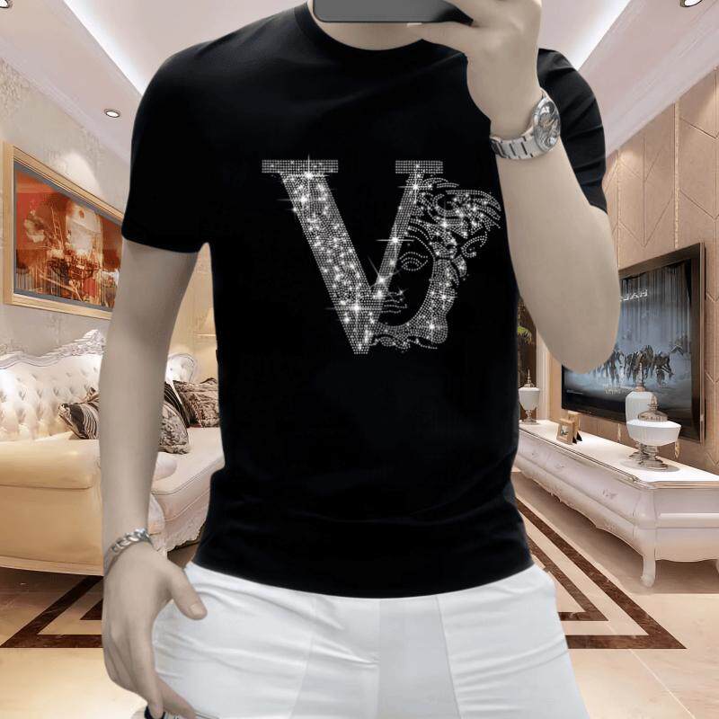 欧洲站新款烫钻时尚圆领男士休闲百搭夏季潮流修身轻奢短袖T恤衫