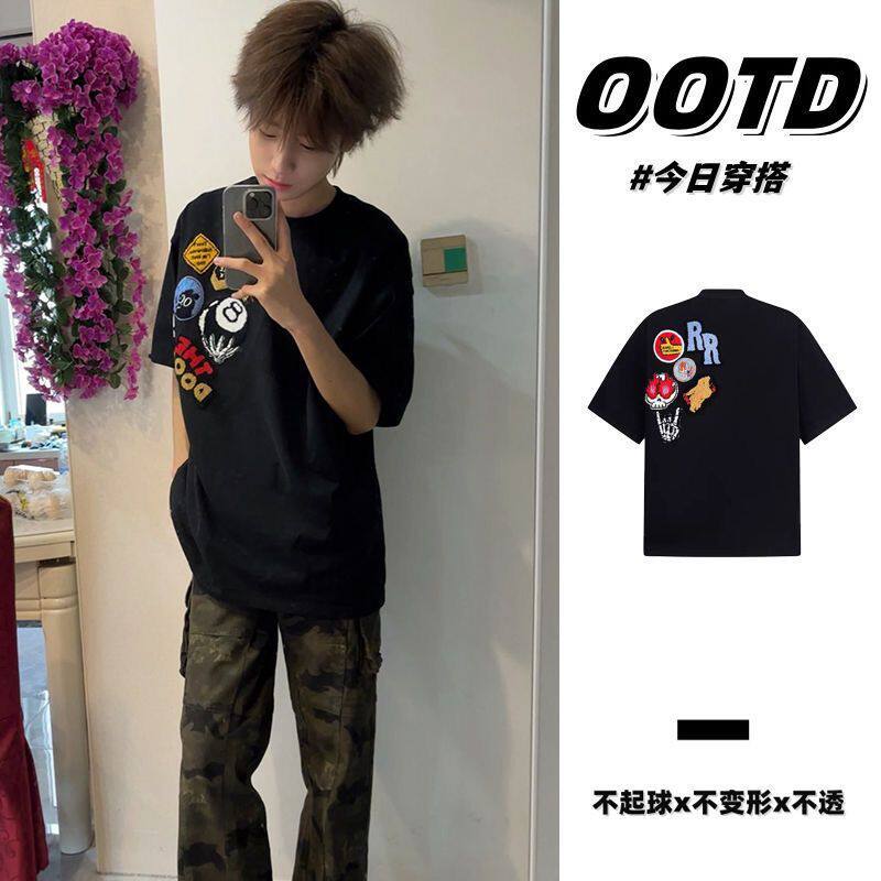 重磅纯棉高级感黑色小众短袖T恤男美式学生潮流宽松情侣上衣ins