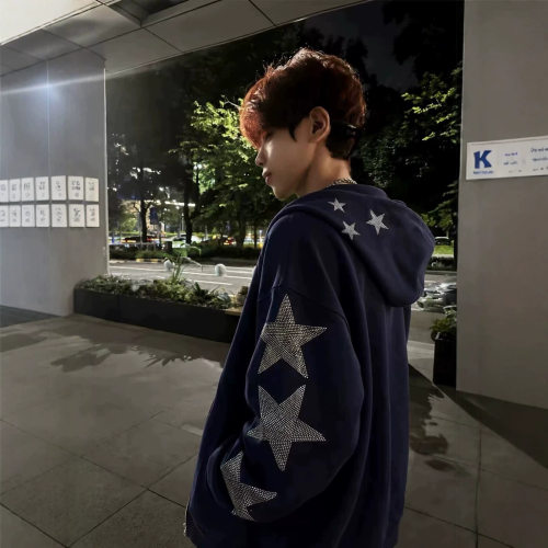 美式复古星星烫钻连帽卫衣男女款