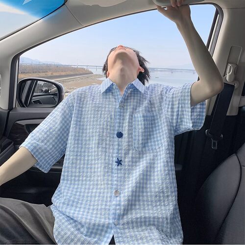 美式街头趣味纽扣短袖衬衫男女夏