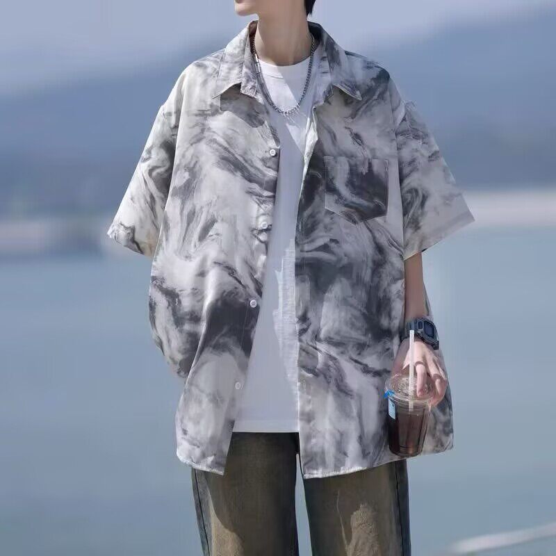 夏季潮牌扎染渐变短袖衬衫男女