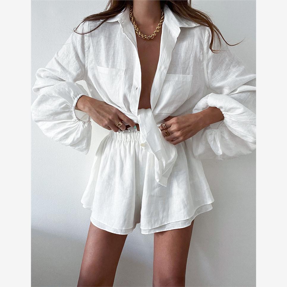 女上衣荷叶边短裤两件套时尚白色套装Long Sleeve Top Shorts Set