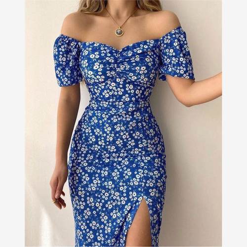 Women floral off shoulder dress 欧美女装一字肩印花开衩连衣裙
