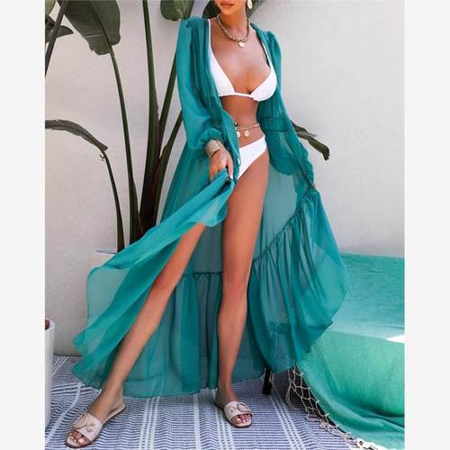 Women sexy beach holiday dress欧美纯色防晒沙滩度假连衣裙罩衫