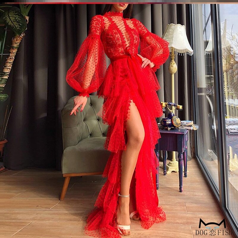Red dress 性感红色透视不规则开衩舞会派对晚礼服结婚新娘敬酒服