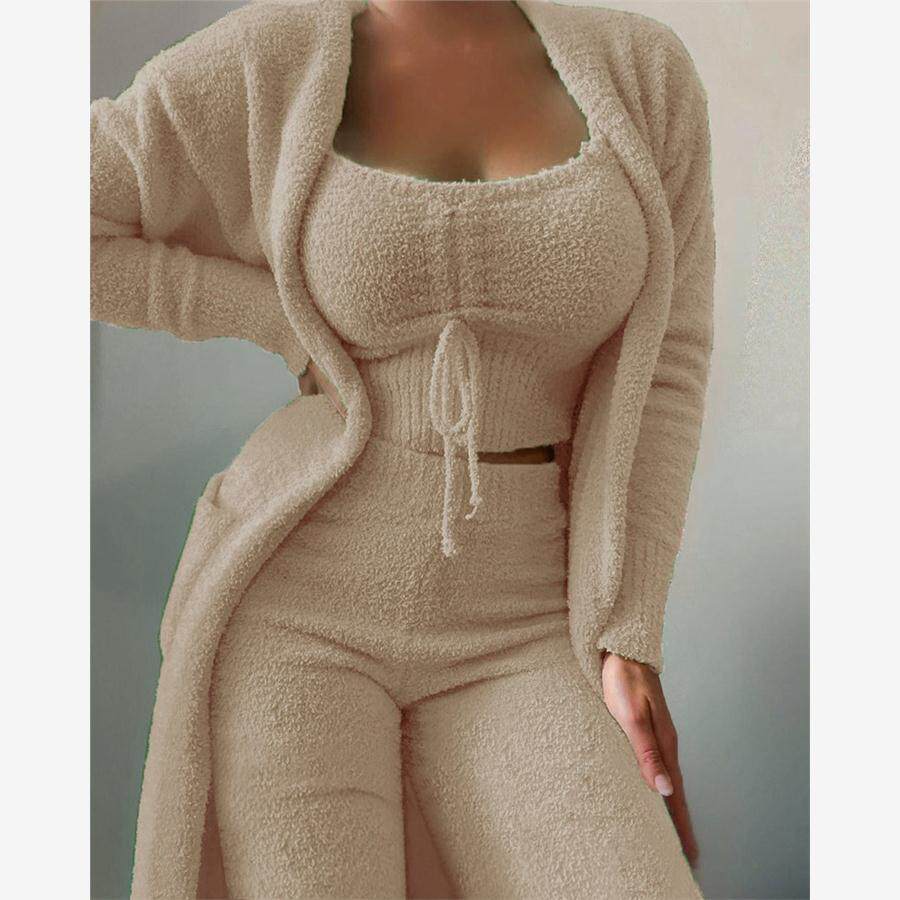 欧美秋冬女时尚休闲毛绒系带开衫3件长裤套装leisure 3-piece set