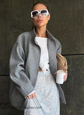欧美风百搭上衣灰色气质立领毛呢外套Standing collar woolen top