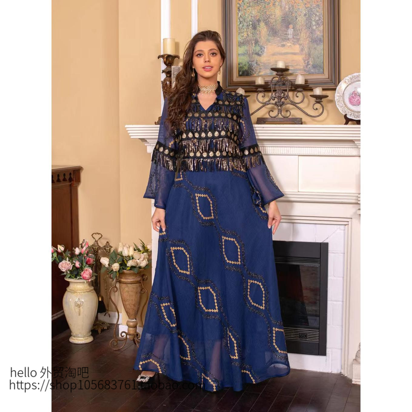 新款珠片吊须刺绣时尚女连衣裙Beaded pendant embroidered dress