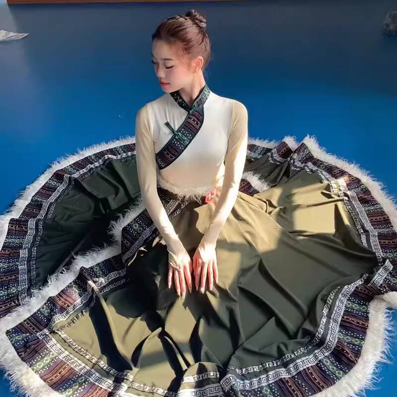 新款藏族舞蹈演出服装女成人艺考学生练功裙考级半身裙大摆裙藏袍