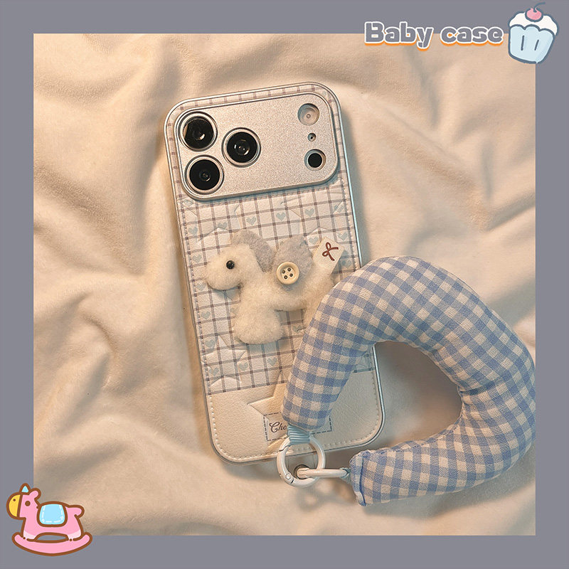 北比日韩格纹爱心立体毛绒小马适用苹果17pro手机壳iphone16promax新款15带挂绳17女14pm皮质16可爱15pro全包