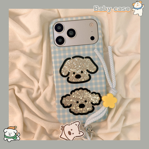 北比 韩系蓝白格纹银色狗狗头像适用苹果17promax手机壳iphone16pro新款15女17pro带挂绳15pro全包防摔手机套
