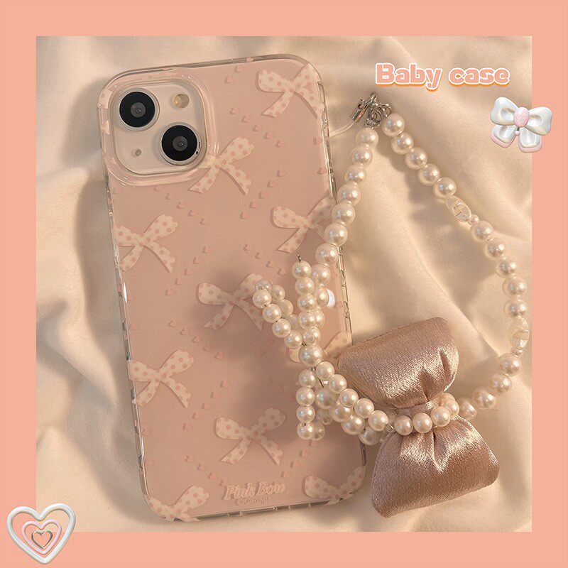 少女粉色蝴蝶结珍珠适用iPhone15promax手机壳苹果13