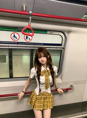 你的井井 元气美高 学院风套装蝴蝶结修身衬衫格纹短款半裙两件套