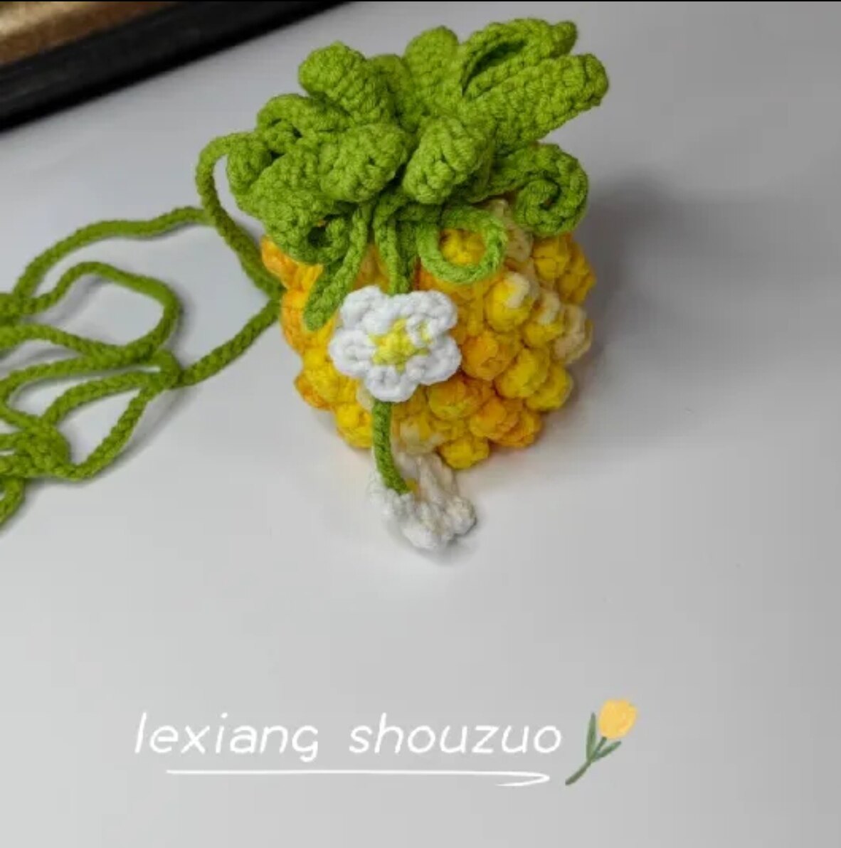 迷你菠萝束口包 纯手工钩织 可爱耳机口红小包，送闺蜜，朋友礼物