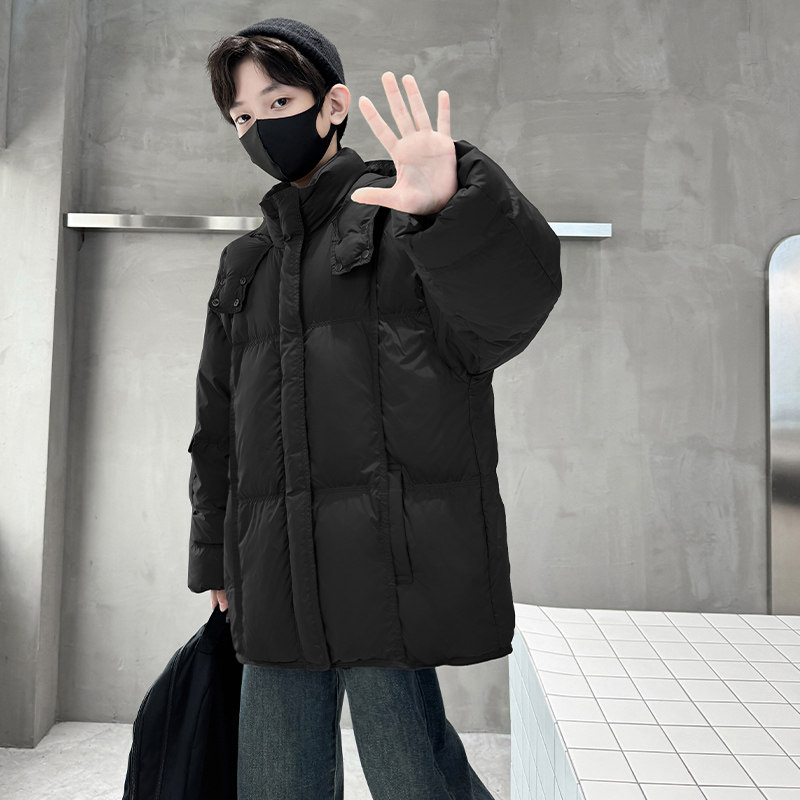 男童中长款连帽羽绒服立领防风绗缝工艺宽松休闲加厚保暖冬衣