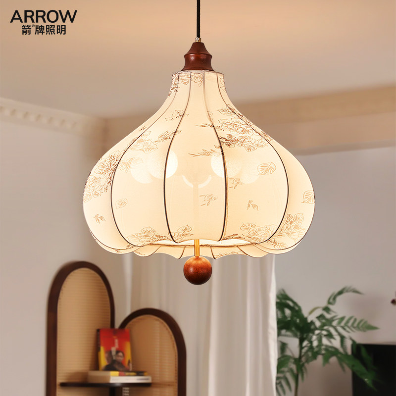 箭牌2026新款胡桃木色餐厅吊灯中古风卧室房间花纹布艺护眼吊线灯,家装灯饰光源,餐厅吊灯,淘宝优惠券,粉丝福利购,淘宝优惠卷