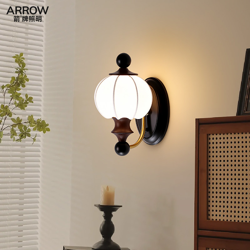 箭牌美式中古风壁灯新款中国风高级卧室床头灯布艺实木墙壁装饰灯