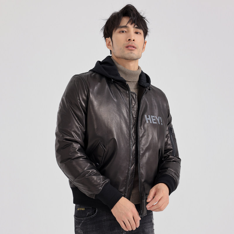 狄索2024冬季新款男士真皮羽绒服时尚印花短款白鸭绒保暖外套男潮