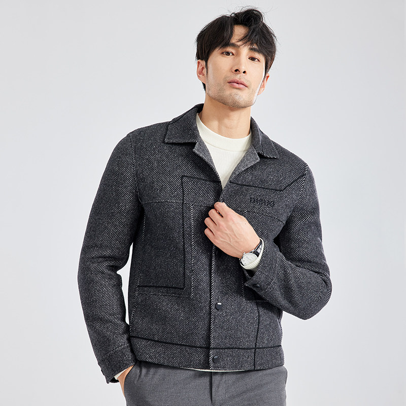 2025秋冬新款男士毛呢外套时尚休闲短款羊毛大衣翻领撞色潮牌上衣