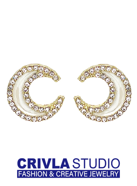 CRIVLA韩国简约月亮耳钉学生个性镶钻小清新耳环气质小巧耳饰女