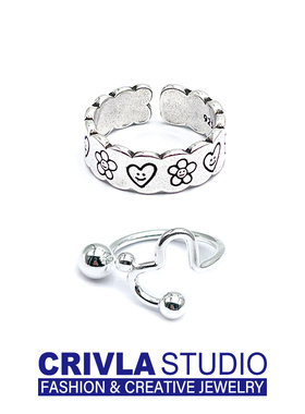 CRIVLA小花涂鸦嘻哈戒指女几何ins风韩版小众设计感时尚个性高级