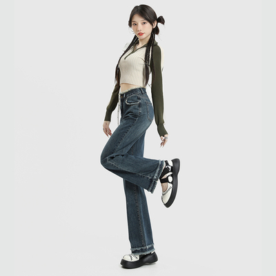 RNBN复古毛边阔腿牛仔裤女