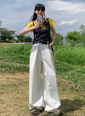 RNBN白色高腰垂感阔腿牛仔裤女新款高级感宽松显瘦时尚休闲直筒裤