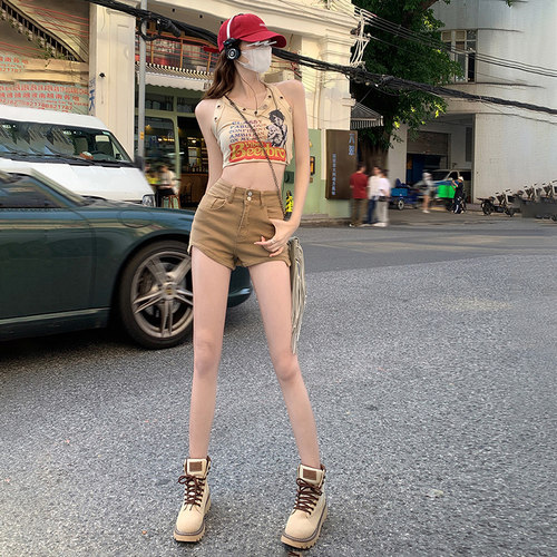RNBN牛仔短裤高腰双扣显瘦设计
