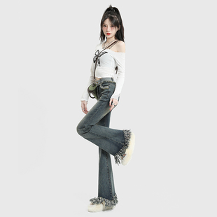 RNBN毛边微喇牛仔裤女春秋新款辣妹百搭显瘦高腰弹力喇叭裤子